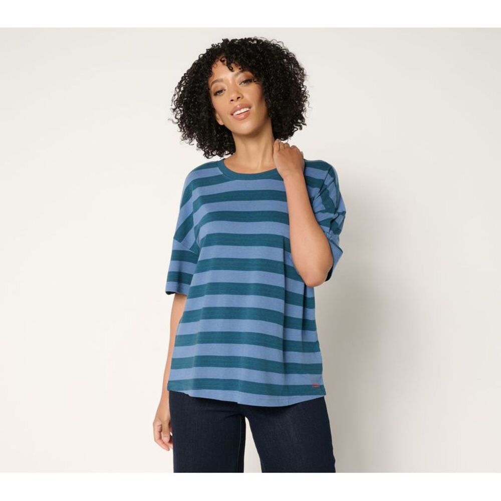 SUNNYLiFE Women's Top Plus Sz 1X Striped Cotton Short Sleeve Boxy Blue A704107